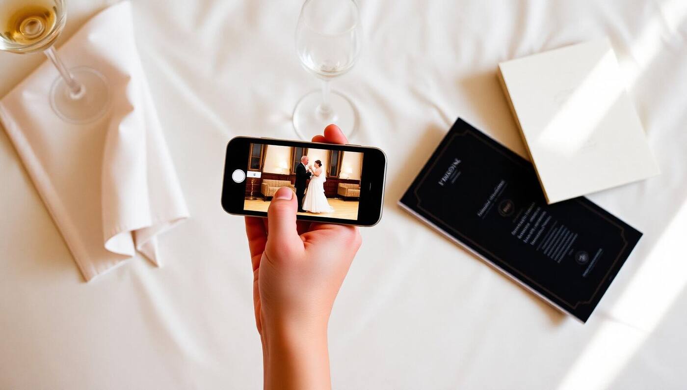 A bride's hand holding a phone playing a soft-focus wedding highlight reel on a linen bedspread