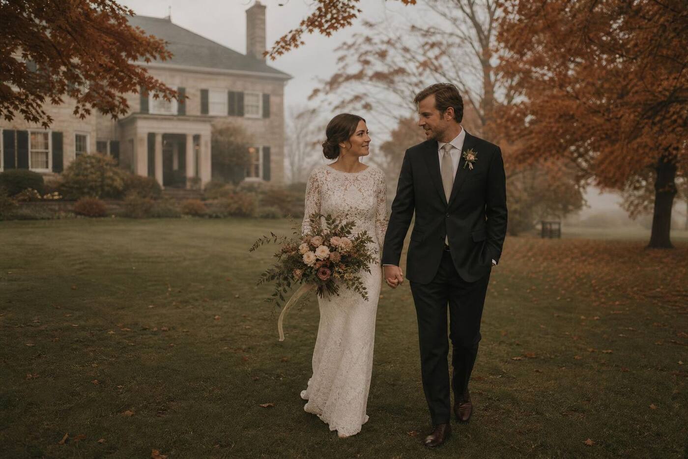 Amelia and Rhys walking the lawn at Langdon Hall on a misty autumn morning