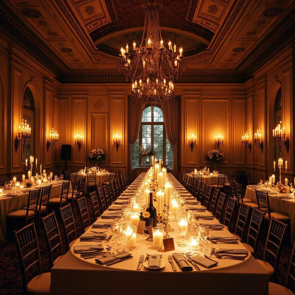 Candlelit ballroom at a Toronto wedding venue with warm chandeliers and a long dinner table