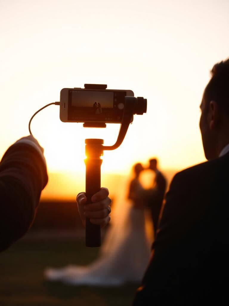 Content creator filming with a phone gimbal at golden hour
