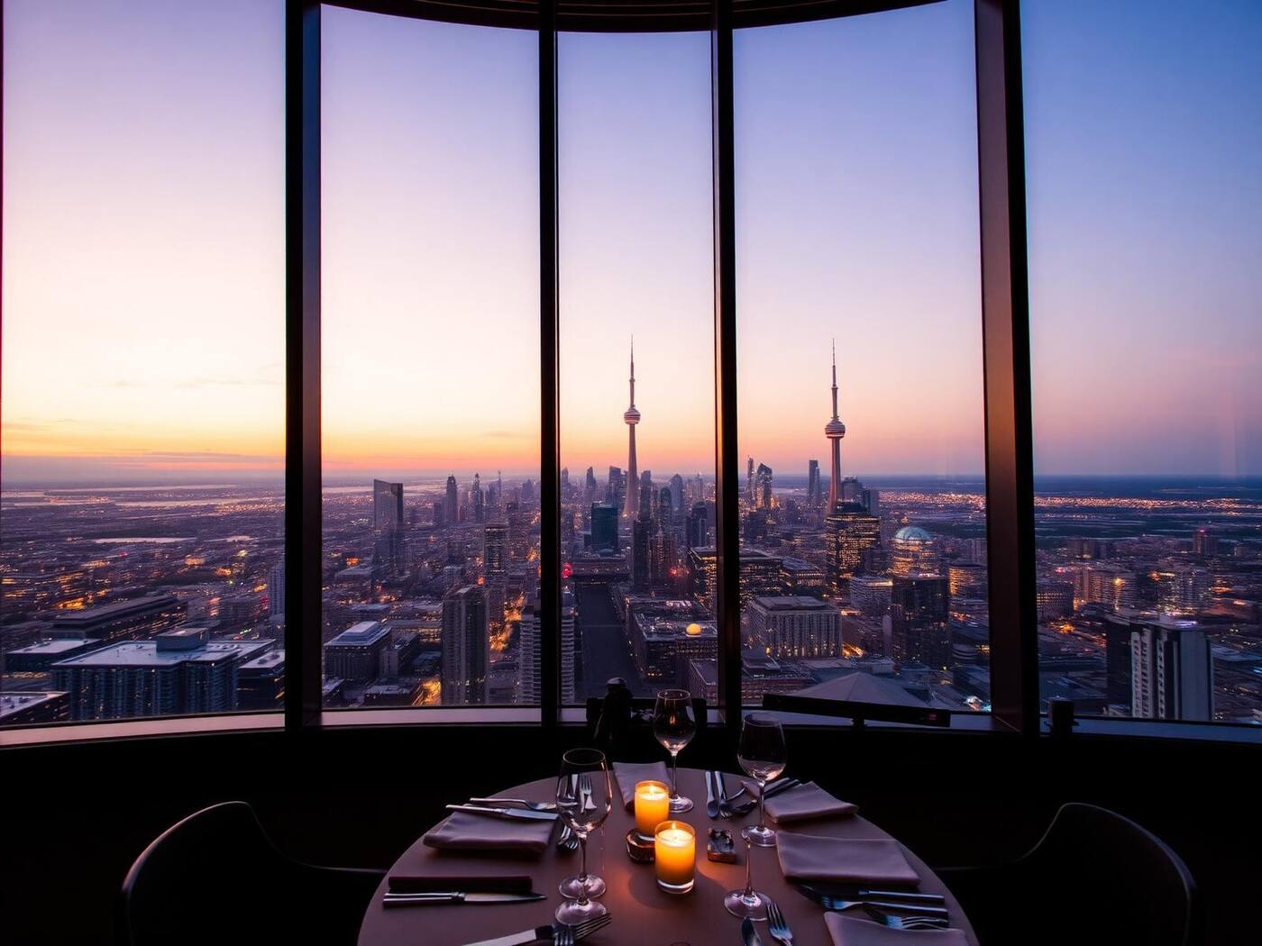 Canoe Restaurant dining room with skyline view at dusk