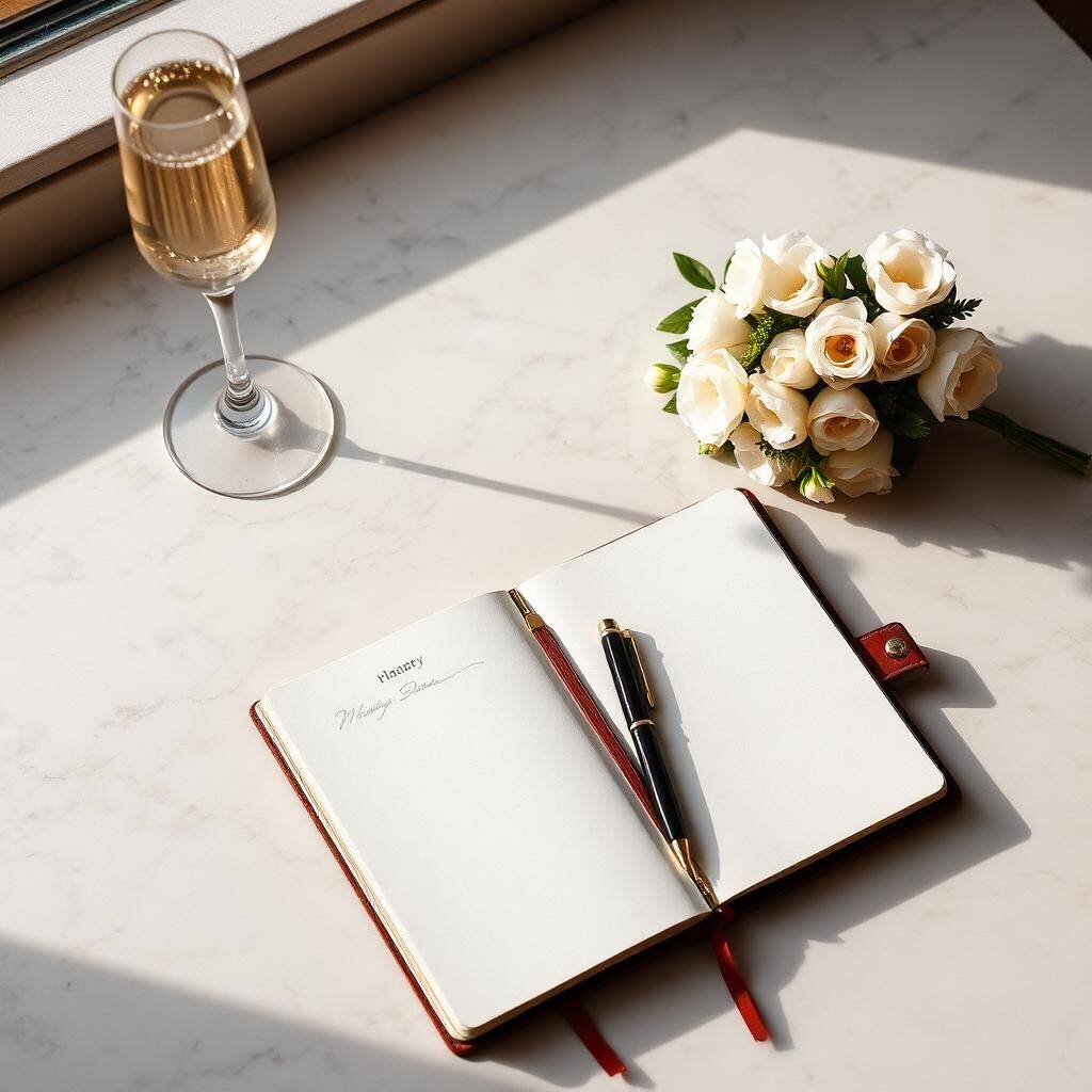 Leather planner, pen, and bouquet on a marble surface in warm morning light