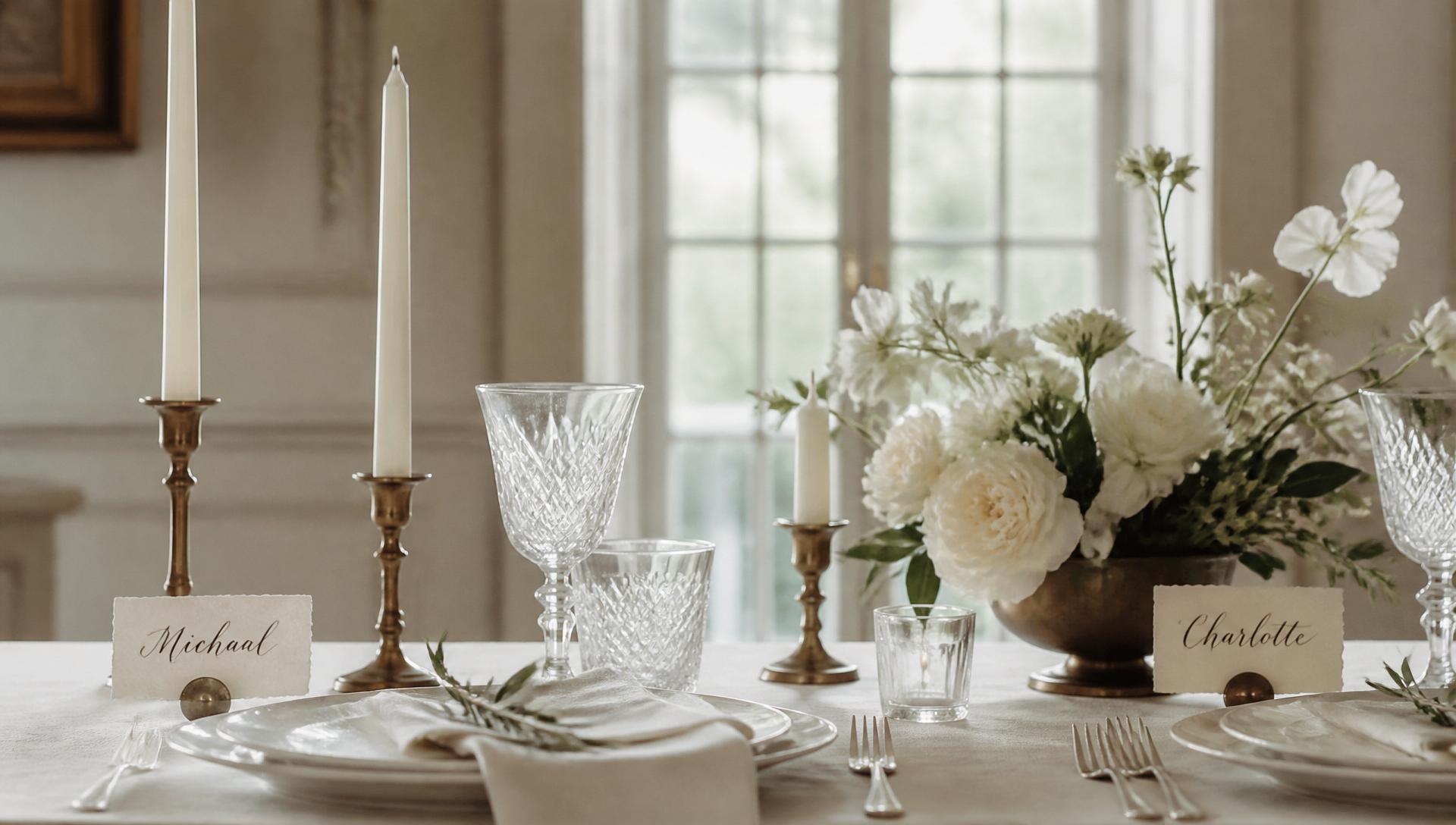 Wedding tablescape with candles and place cards