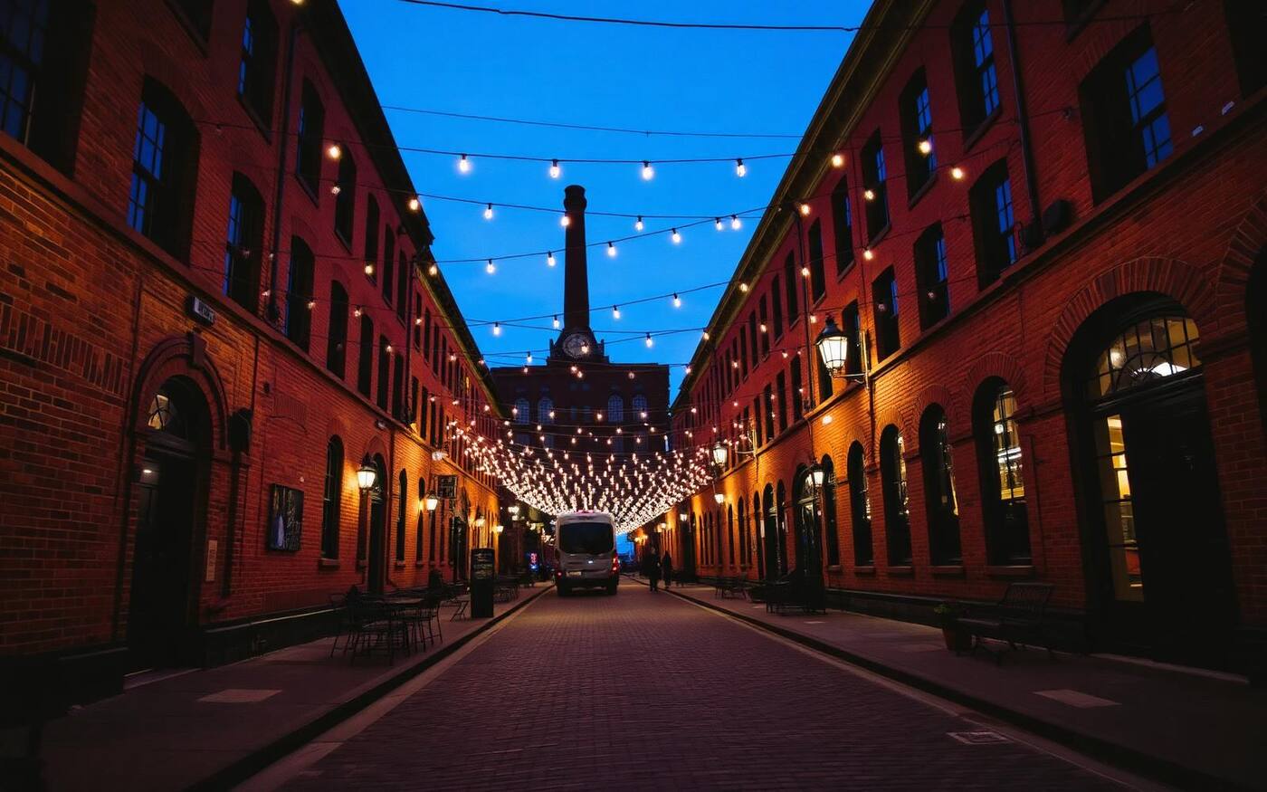 Distillery District Toronto at blue hour with string lights