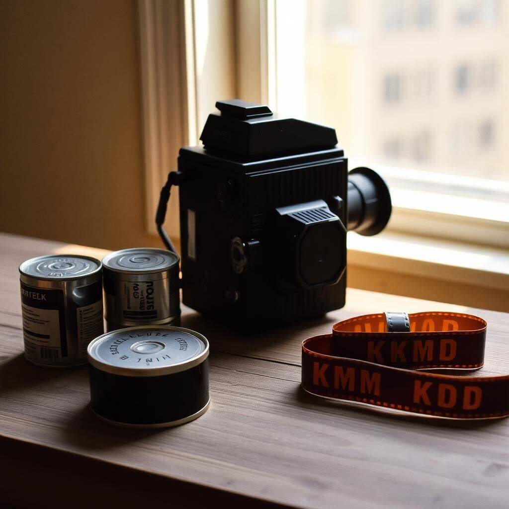 Vintage 16mm motion picture camera and Kodak film cans on a wood table in window light