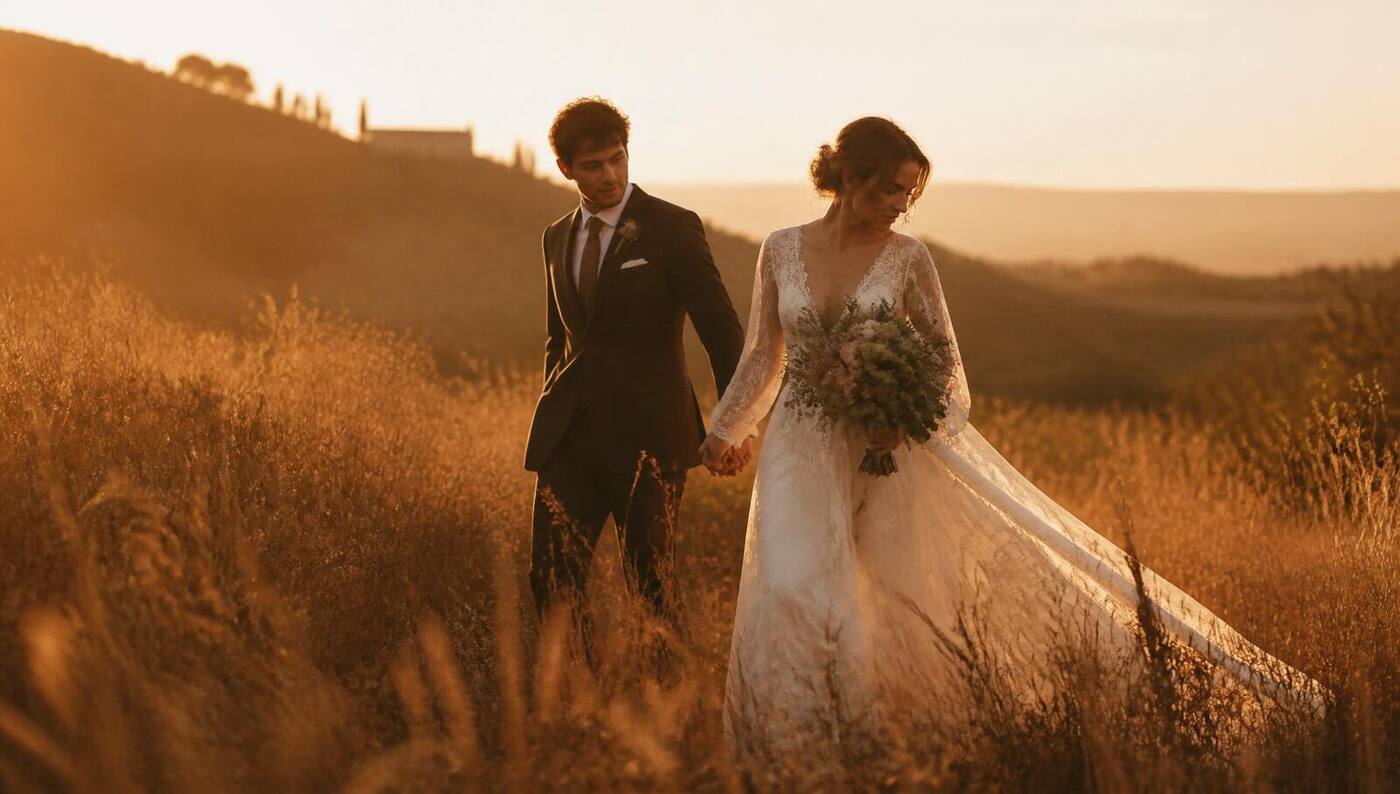 Couple walking in tall grass at golden hour