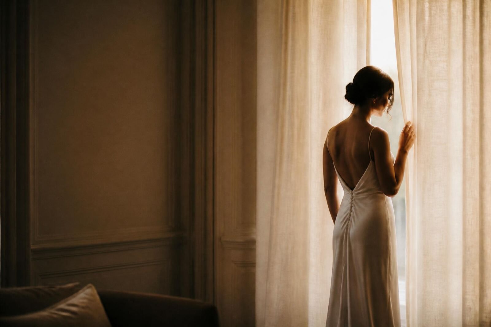 A bride at a tall window, soft morning light filtering through linen curtains