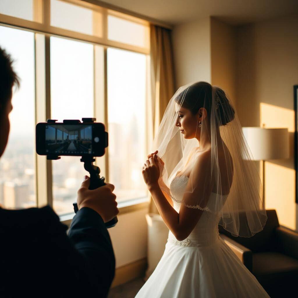 Content creator quietly filming a bride adjusting her veil in a Toronto hotel suite