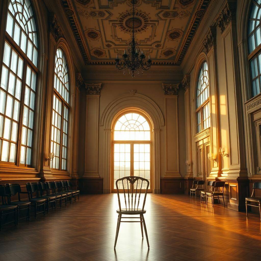 Empty historic Toronto ballroom with arched windows and parquet floor in golden hour light