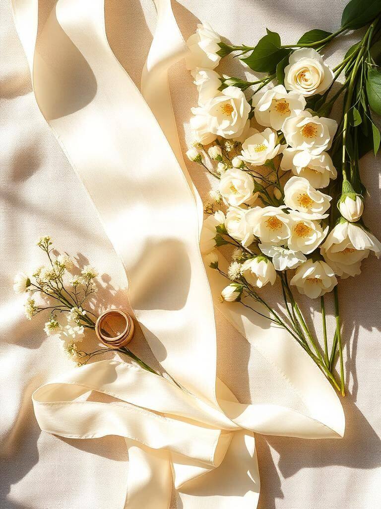Mood board of ivory silk and white florals