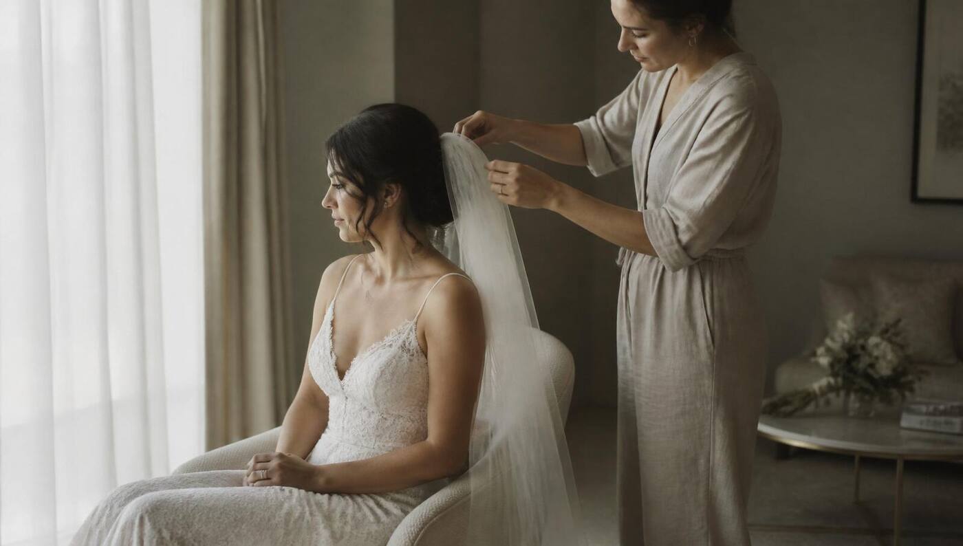 Stylist adjusting bride's veil in a softly lit suite
