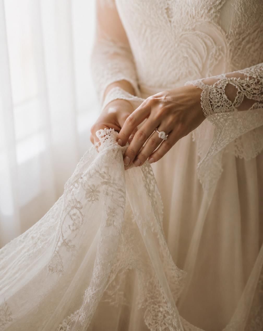 Bride holding antique lace in soft morning light