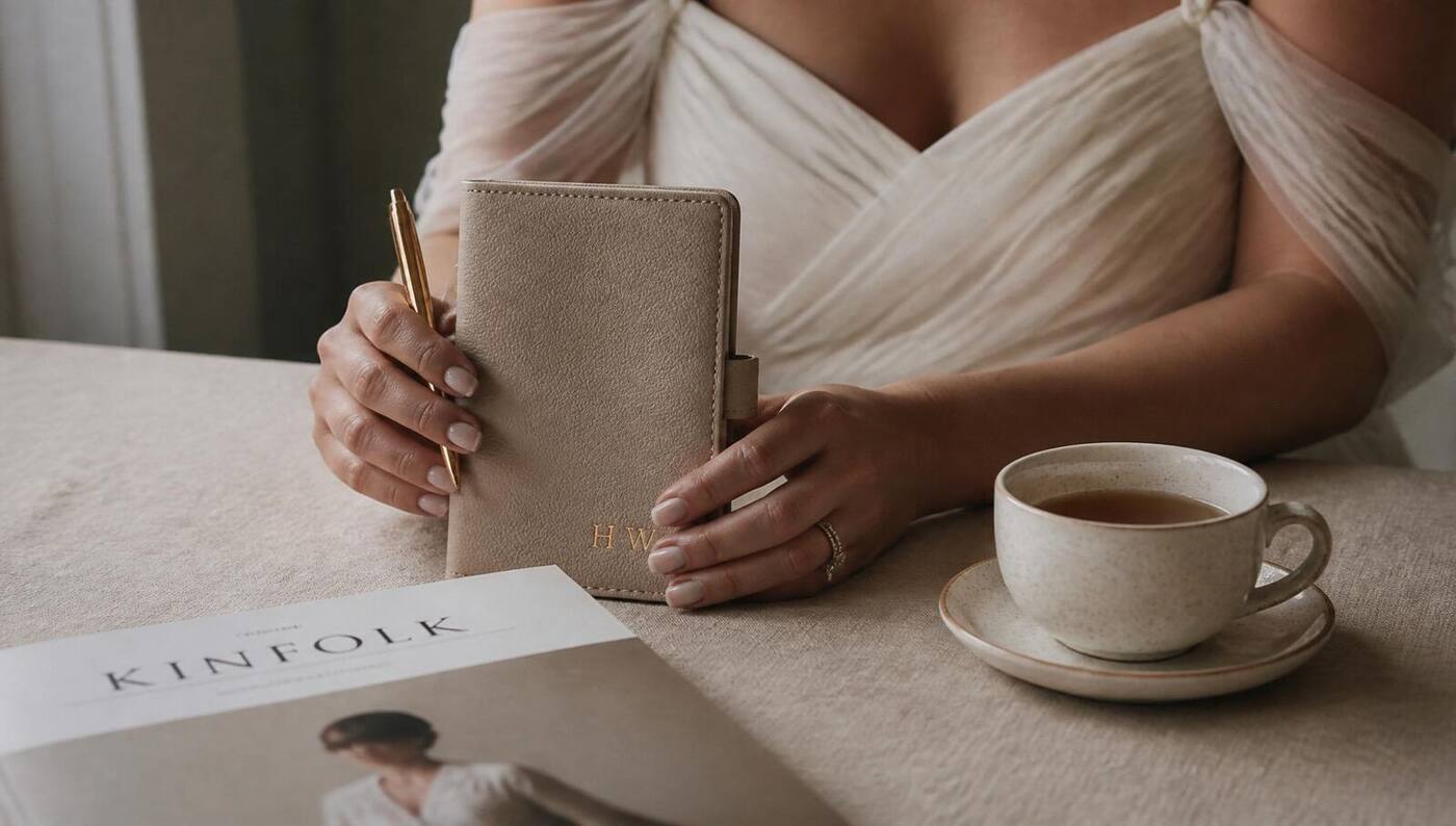 Bride holding a leather planner in soft window light