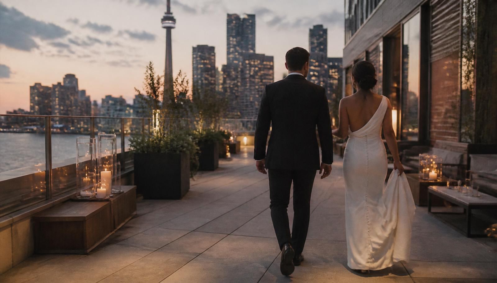 Couple on a Toronto rooftop terrace at dusk