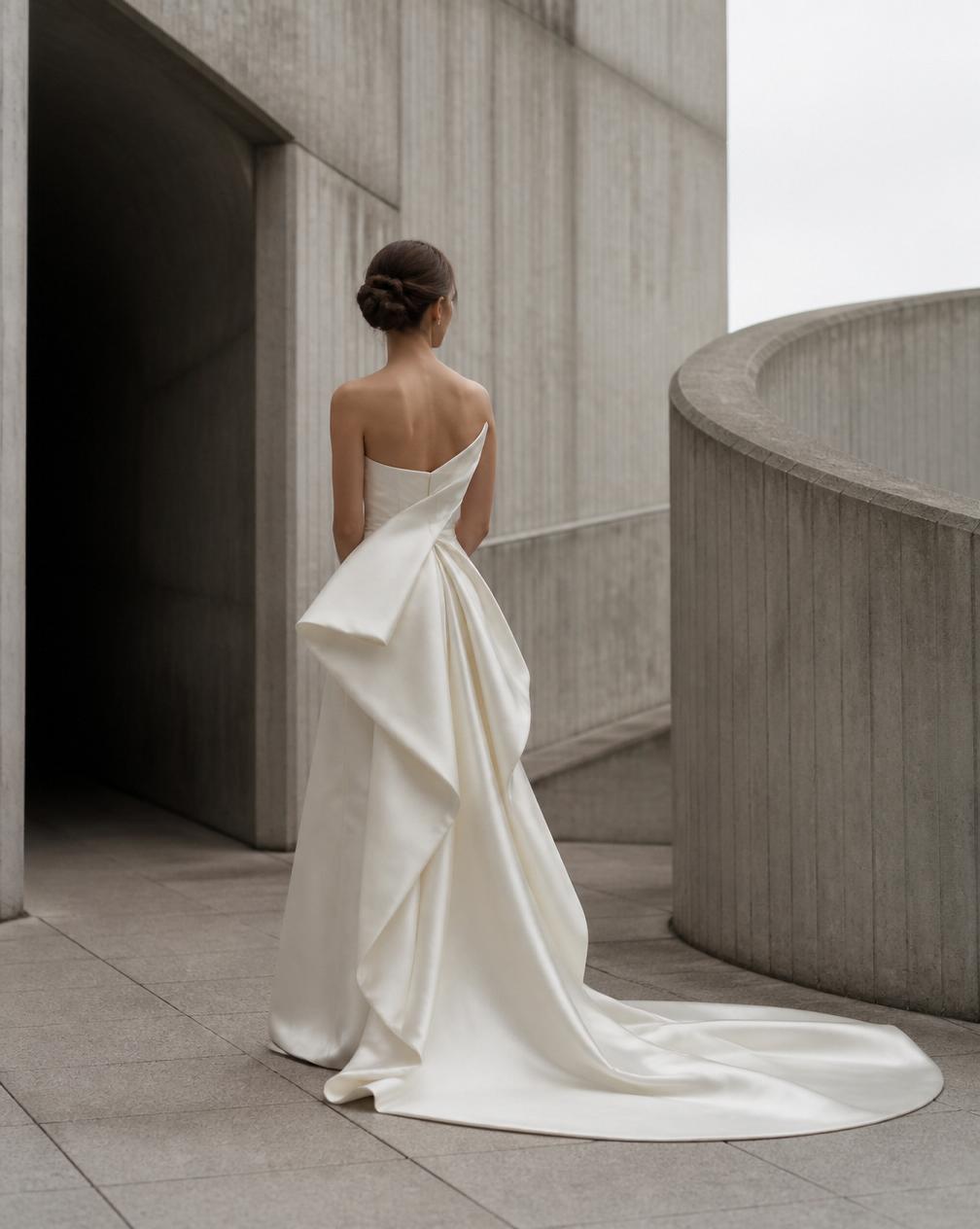 Bride in sculptural gown before brutalist architecture