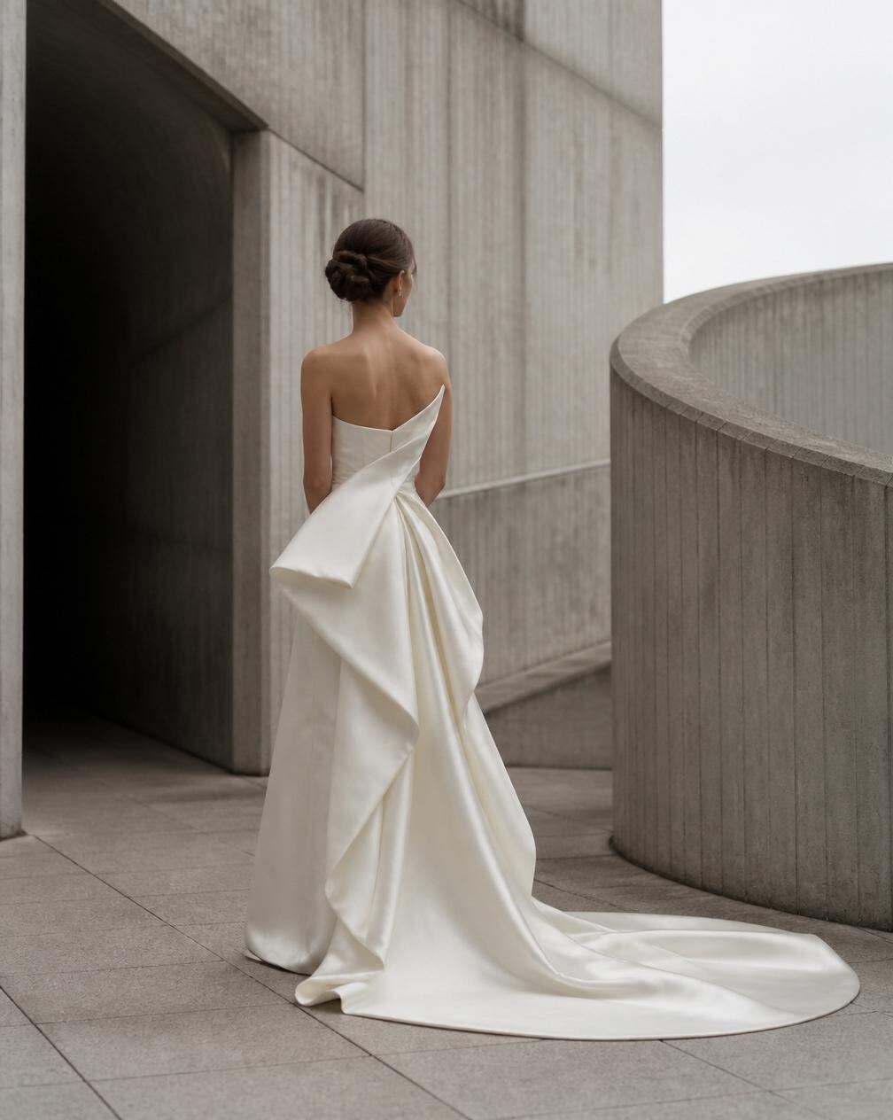 Bride in sculptural gown before brutalist architecture