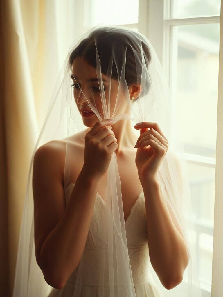 Bride adjusting veil in soft window light