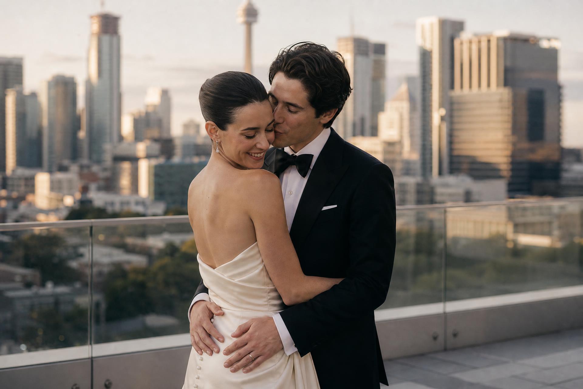 Sophia and Julian on the Park Hyatt Toronto rooftop at golden hour