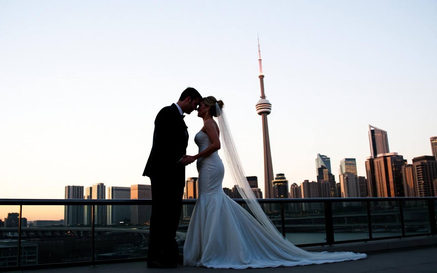 Toronto skyline at golden hour with the CN Tower