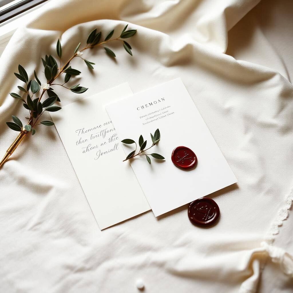 Ivory invitation suite, brass calligraphy pen and oxblood wax seal on cream linen